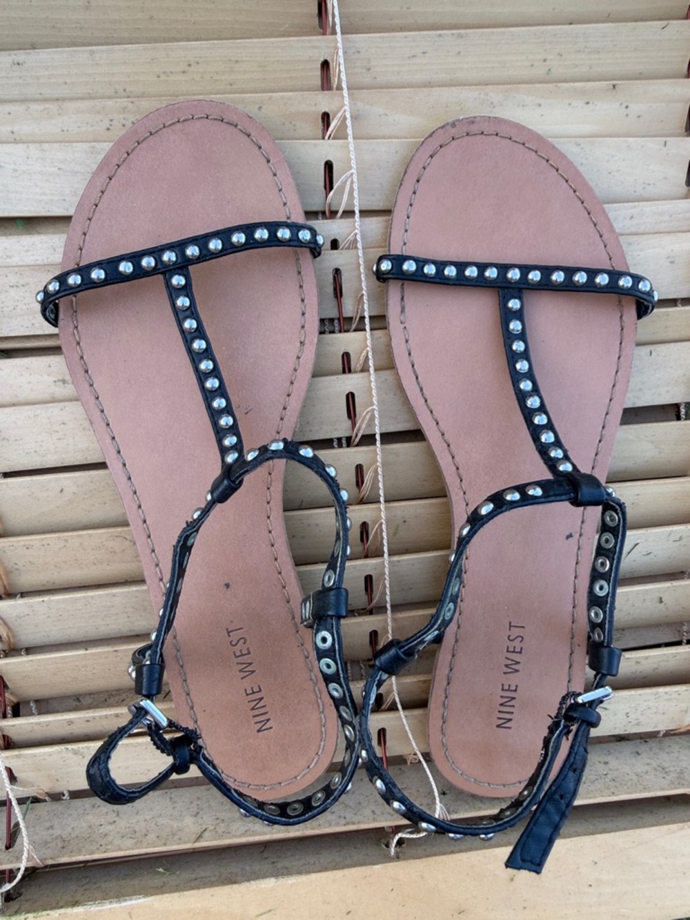 Nine West Black Studded T-Strap Sandals with Tan Footbed